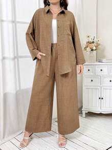 Mulvari 2 piezas Conjunto casual holgado de camisa de manga larga de hombros caídos y pantalones de unicolor para mujer talla grande, primavera y otoño