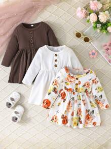 3pcs Baby Girls' Floral Print & Solid Color Long Sleeve Dress, Casual Outdoor Wear For Spring/Fall
