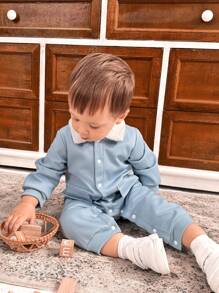 SHEIN 男婴纽扣长袖可爱纹理加厚羊毛连帽连体衣，带大口袋 - 藍色 - 查看 5