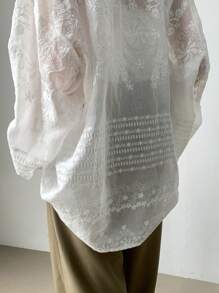 FRIFUL 女士纯色不对称透明蕾丝长袖衬衫、长袖上衣