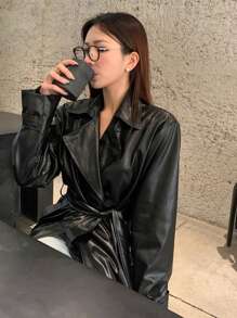 DAZY Women's Lapel Collar Long Sleeve PU Leather Loose Fashion Jacket, Autumn,Fall Women Clothes Women Coats - Black - View 2