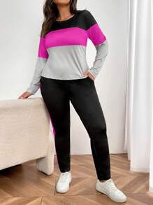 SHEIN LUNE 2 件大码女式舒适拼色休闲家居服 - 上衣和紧身裤 - 彩色 - 查看 1