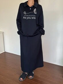 DAZY 线条画兔子印花翻领运动衫和迷你裙休闲家居服套装睡衣 - 藏蓝色 - 查看 4
