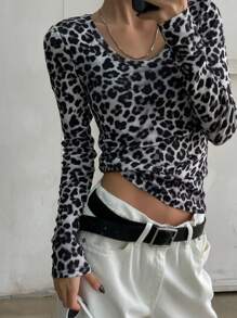DAZY 女式春夏豹纹圆领长袖修身T恤，秋季服装 - 黑與白 - 查看 7