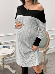 SHEIN Maternity Contrast Color Asymmetrical Neck Long Sleeve Dress