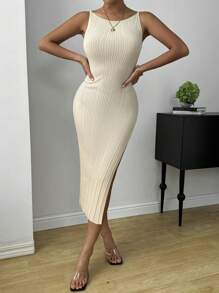 Chiquease Split Thigh Ribbed Knit Sweater Dress - Apricot - View 7