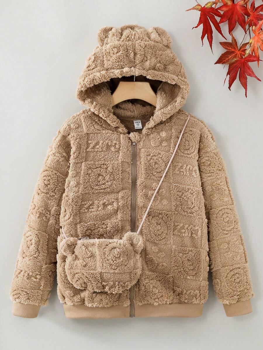 Sparklyn Tween Girl 2014 秋冬新款毛绒熊爪、猫爪和熊耳朵保暖斜挎包和夹克套装 - 卡其色 - 查看 1