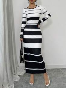 Selianne Vestido midi de punto ajustado de manga larga a rayas elegante para mujer, conjunto de atuendo para mujer - Blanco y Negro - Ver 3
