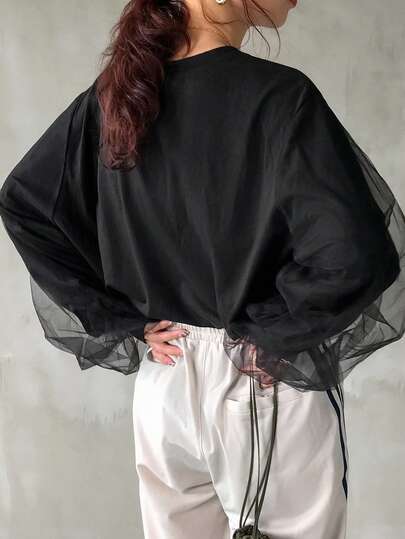 FRIFUL Women's Loose Mesh Patchwork Round Neck T-Shirt With Large Sleeves
