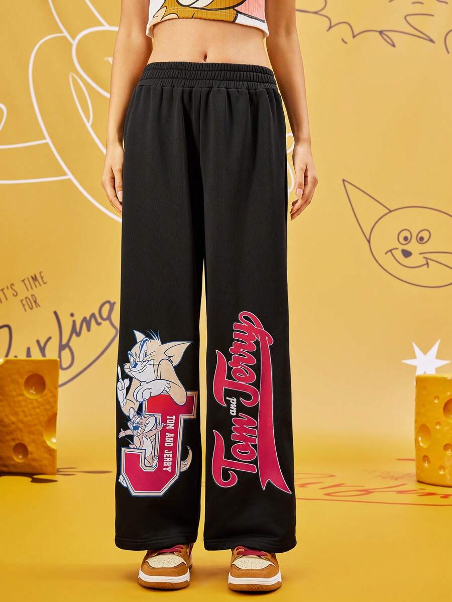 TOM & JERRY X SHEIN Pantalones anchos de cintura elástica con estampado de letra y dibujos animados para mujer, de uso casual