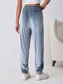 SHEIN Tall Velvet Drawstring Pants With Pocket Stitching - Teal Blue - View 2