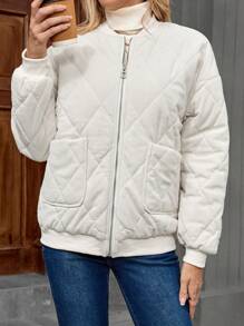 SHEIN LUNE Women Casual Solid Color Diamond Check Padded Coat, Autumn/Winter - Apricot - View 5