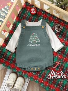 SHEIN Baby Girl Xmas Style Bodysuit Soft & Comfortable Baby Bodysuit With Christmas Tree Embroidery Design, Perfect For Baby To Keep Warm During Fall & Winter