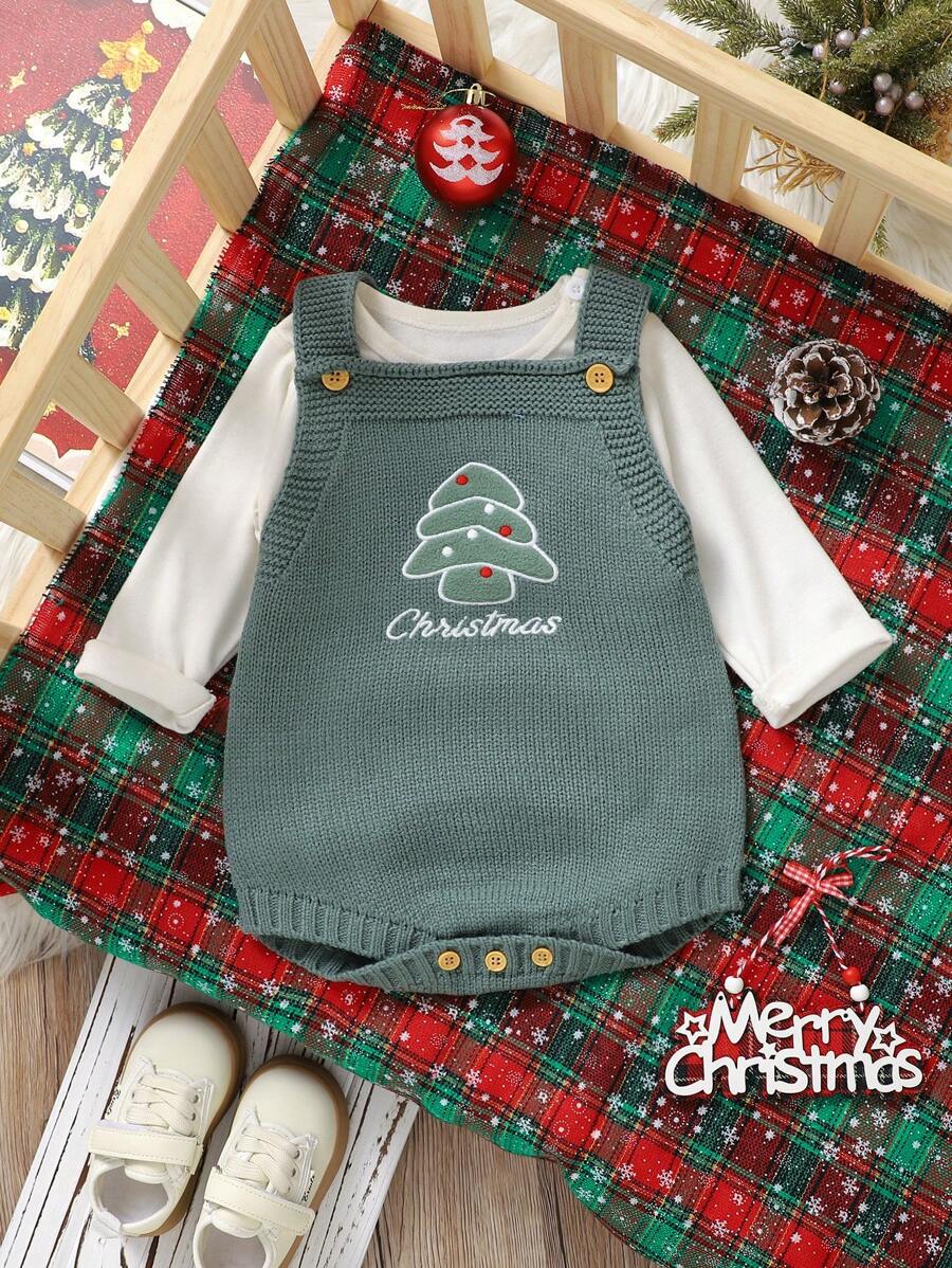 SHEIN Baby Girl Xmas Style Bodysuit Soft & Comfortable Baby Bodysuit With Christmas Tree Embroidery Design, Perfect For Baby To Keep Warm During Fall & Winter