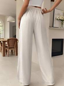 SHEIN Frenchy 女士抽绳口袋直筒阔腿舒适休闲优雅裤亚麻条纹长裤教师裤教师服装秋季服装返校通勤简约办公室老款简约 - 杏色 - 查看 2