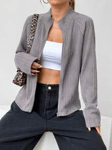 SHEIN Unity Spring Autumn Casual Solid Stand Collar Jacket - Dark Grey - View 4