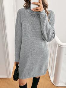 SHEIN LUNE Women's Long Sleeve Turtleneck Sweater Dress - Light Grey - View 3