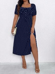 SHEIN Clasi 大码方领前系带短袖全身印花休闲连衣裙