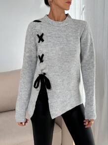 SHEIN Tall Tall Casual Contrast Color Cross Cord Placement Rib Knit Sweater With Slit,Jumper,Cream Jumper,Jumpers For Women,Jumpers,Black Jumper,Womens Jumper,White Jumper,Women's Jumper,Women's Jumpers,Winter Clothes Bow Clothes Sweater For Women