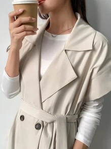 FRIFUL 女士纯色双排扣长款休闲风衣女夹克，秋季女装背心 - 米色 - 查看 6