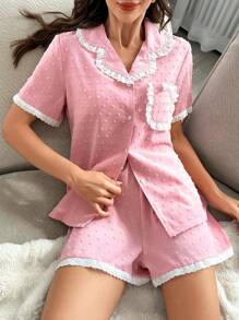 2pcs Women's Lace Patchwork Collar Sleepwear Set - Pink - View 3