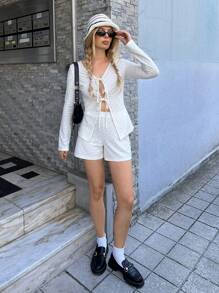 Forever 21 Mùa Thu/Đông Cổ Chữ V Thắt Nơ-Mặt Trước Áo Cardigan, Áo Dệt Kim Dài Tay Có Eo Co Giãn Ống Rộng Quần Short Rời Bộ - trắng - Xem 1