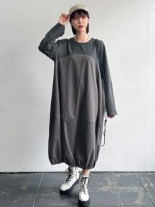 FRIFUL Women's Patchwork Hem Long Sleeve Dress,Fall Clothes - Grey - View 4