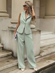 Aveloria Modichic Bộ 2 quần và áo vest hở lưng cổ chữ V có điểm nhấn kim loại sang trọng dành cho nữ - màu xanh lá - Xem 5