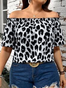 SHEIN LUNE Áo cánh hở vai tay ngắn họa tiết da báo cỡ lớn cho nữ mùa thu - Xám - Xem 5