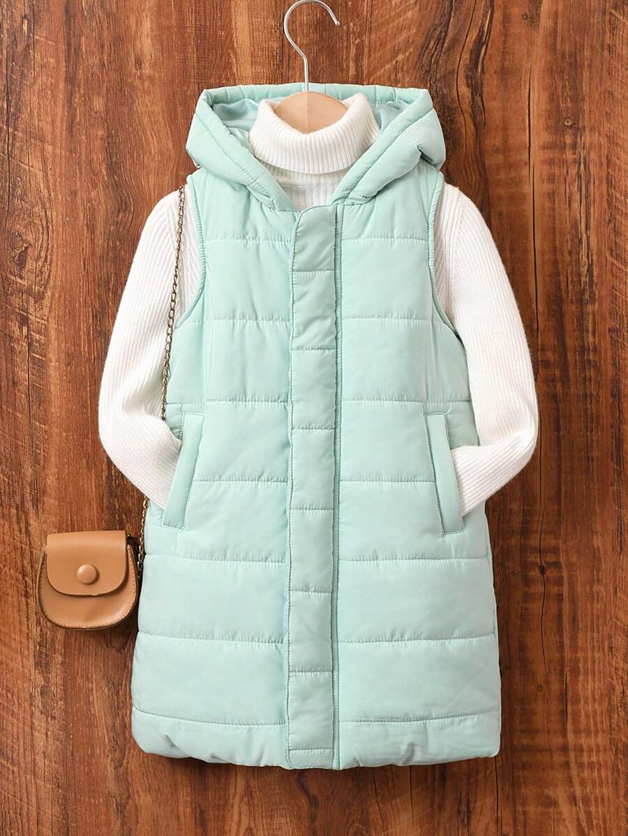 SHEIN Young Boy's Mid-Length Hooded Zip-Up Pocket Padded Coat, Suitable For Autumn & Winter, Comfortable Warm Material, Streetwear Stylish Design - Baby Blue - View 1