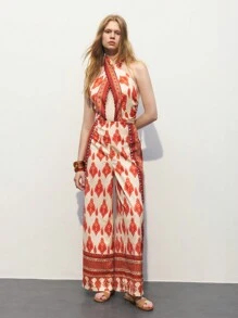 Maija Women's Halter Neck Printed Hollow-Out Knotted Jumpsuit - Multicolor - View 5