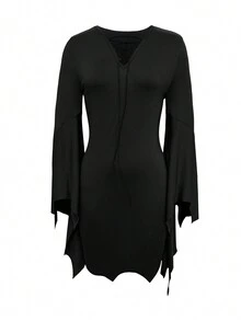 复古哥特纯色休闲时尚长袖V领系带喇叭紧身吸血鬼女装连衣裙，朋克演唱会蝙蝠袖暗黑美学聚会黑色春季优雅 - 黑色 - 查看 3