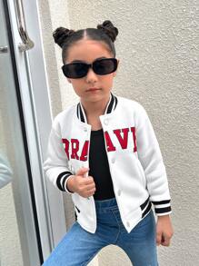SHEIN Explorewe Girls Casual Stylish Street Wear White Baseball Jacket With Fleece Material, Red Simple Fashion English Letter Printed Cardigan, Autumn Season - White - View 1