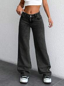 EURMUSE 100% Cotton Low Waist Snow Wash Wide Leg Jeans - Black - View 1