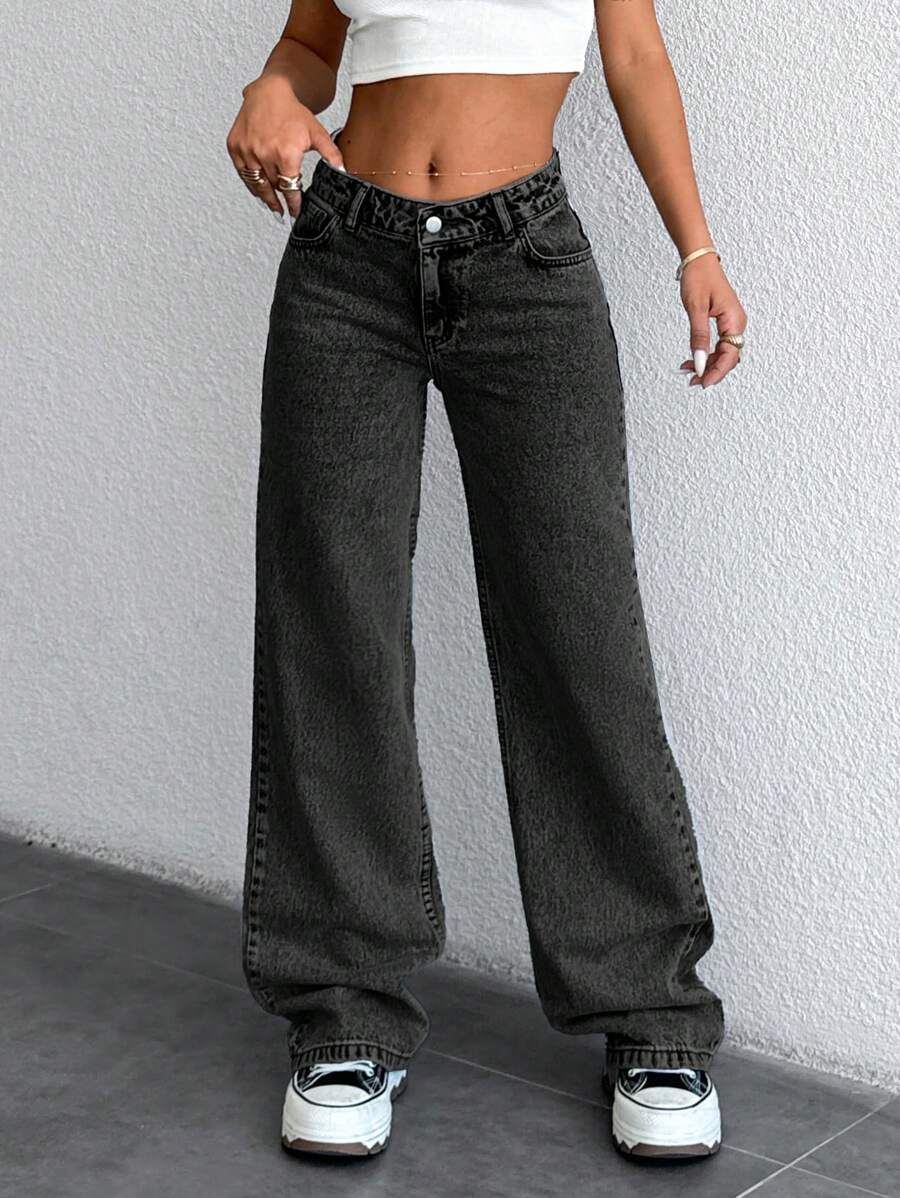 EURMUSE 100% Cotton Low Waist Snow Wash Wide Leg Jeans - Black - View 1