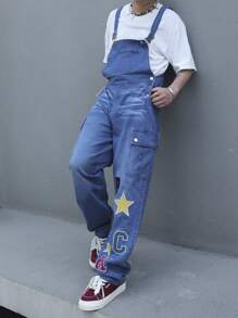 Manfinity Roughcore 男式夏季休闲无袖趣味星星图案牛仔背带裤，带口袋，适合聚会、朋友聚会 - 藍色 - 查看 1