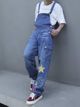 Manfinity Roughcore Petos vaqueros sin mangas casuales de verano para hombre con gráfico de estrella divertida y bolsillos, para fiestas, amigos