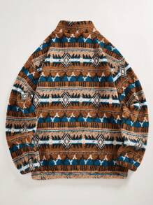 Manfinity Homme Men's Casual Geometric Print Pullover Sweatshirt, Autumn Winter Quarter Zip Going Out Cowboy Graphic Long Sleeve Sweatshirt, For Friends, Husband, Boyfriend Gifts - Coffee Brown - View 2