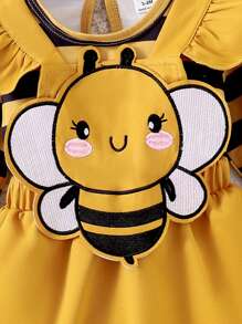 SHEIN Set Baju Terusan Bayi Perempuan Motif Garis-garis Lebah Lengan Panjang + Bordir Lebah - Kuning - View 6
