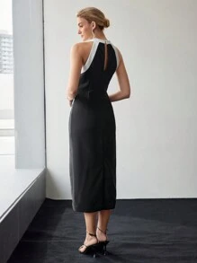 MOTF PREMIUM VÁY MIDI CỔ HAI TONE KHÔNG CÓ THẮT BUỘC - Đen và trắng - Xem 8