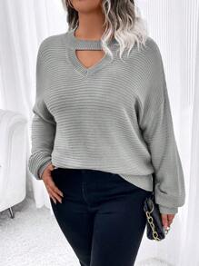 SHEIN LUNE Plus Size Casual Solid Color Hollow Out Batwing Sleeve Sweater, Spring Autumn - Grey - View 1