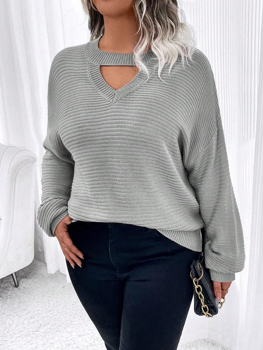 SHEIN LUNE Plus Size Casual Solid Color Hollow Out Batwing Sleeve Sweater, Spring Autumn - Grey - View 1