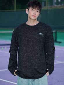 DAZY Men's Simple Round Neck Letter Print T-Shirt, Casual Autumn Wear , Black Long Sleeve - Black - View 7