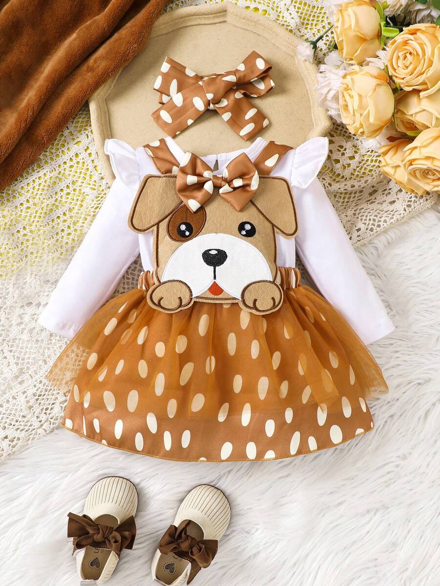 女婴白色长袖连体衣 + 可爱小狗印花围兜裙 2 件套 - 橘色 - 查看 1