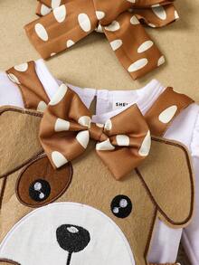 女婴白色长袖连体衣 + 可爱小狗印花围兜裙 2 件套 - 橘色 - 查看 3