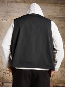 Manfinity Roughcore Plus Size Men's Plain Summer Utility Pockets Zippered Front Casual Outdoor Windbreaker Vest , Black - Black - View 2