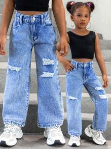 Young Girl Ripped Straight Leg Jeans - Light Wash - View 1