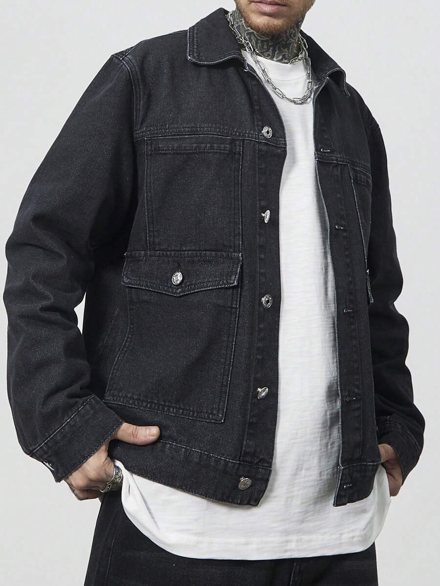 Manfinity Hypemode 男士休闲宽松牛仔夹克，春秋 - 黑色 - 查看 1