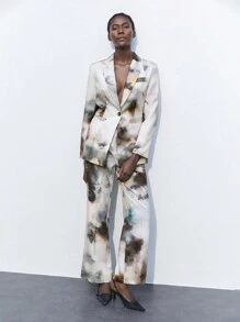 Maija 女士彩色泼墨花卉印花多色百搭经典扎染印花翻领长袖优雅时尚商务休闲西装外套 - 棕色 - 查看 2