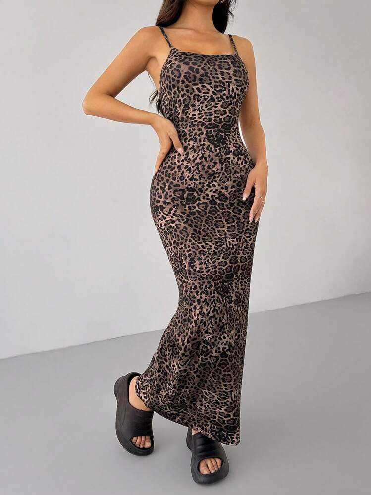 SHEIN PETITE Women's Spaghetti Strap Bodycon Leopard Print Dress, Summer - Multicolor - View 8